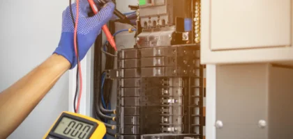 Licensed electrician inspecting an electrical panel in a Sacramento home