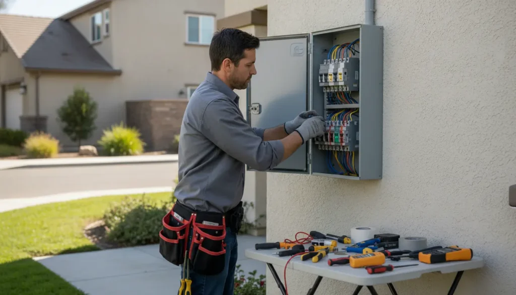 electrician hands working inside an electrical panel,
