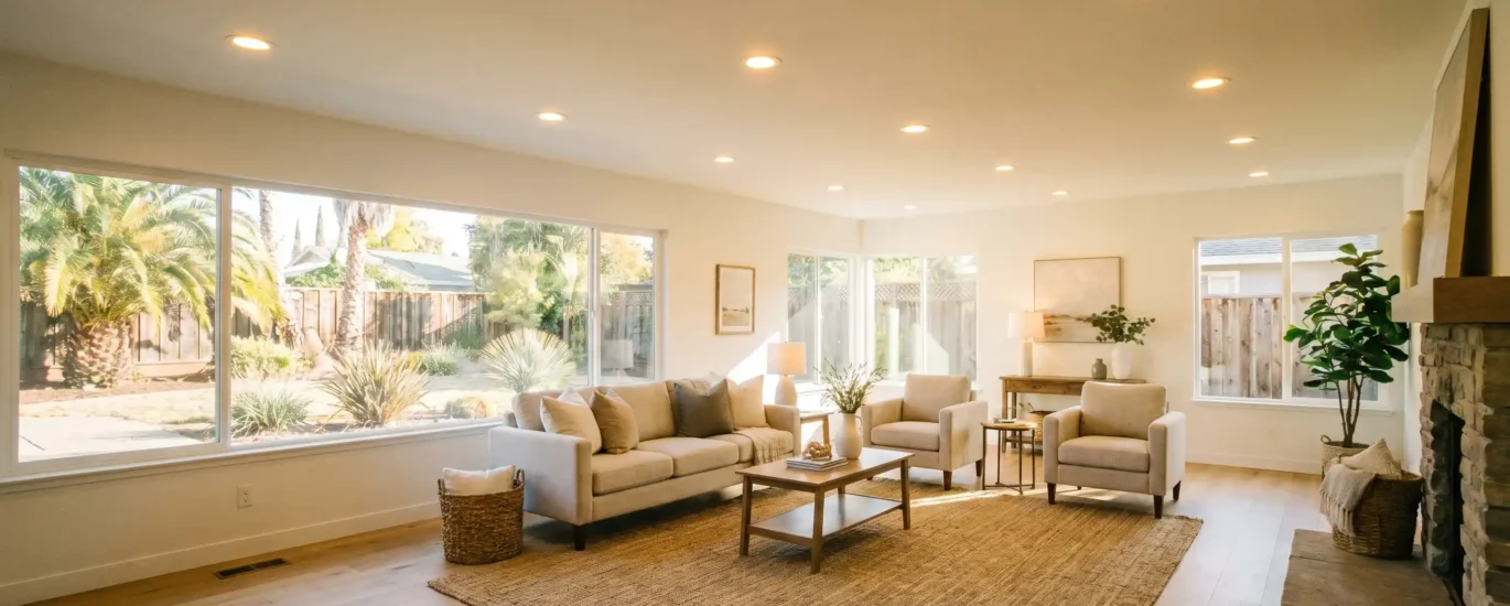 A bright, modern Sacramento living room with freshly installed recessed lights