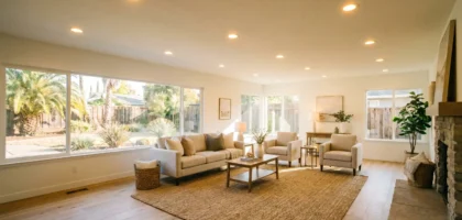 A bright, modern Sacramento living room with freshly installed recessed lights