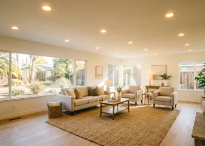 A bright, modern Sacramento living room with freshly installed recessed lights