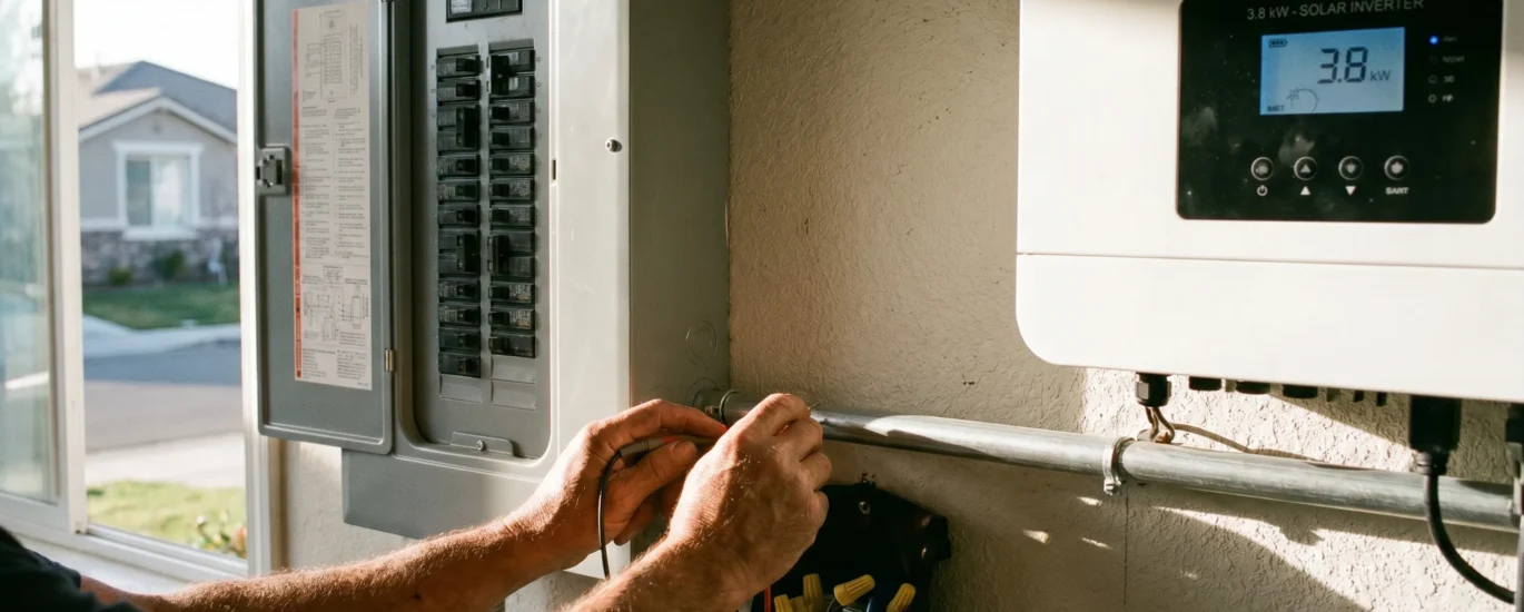 Electrician inspecting a 200-amp electrical panel before solar installation in Sacramento - Under The Sun Electric, CA Lic. #1141678