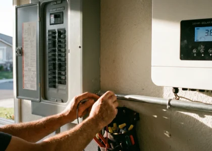 Electrician inspecting a 200-amp electrical panel before solar installation in Sacramento - Under The Sun Electric, CA Lic. #1141678
