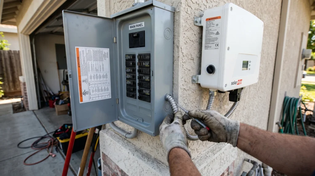 Electrician inspecting a 200-amp electrical panel before solar installation in Sacramento - Under The Sun Electric, CA Lic. #1141678