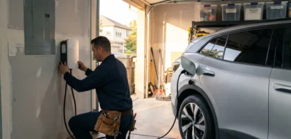 Electrician installing a Level 2 EV charger in a Rancho Cordova garage - Under The Sun Electric, CA Lic. #1141678