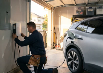 Electrician installing a Level 2 EV charger in a Rancho Cordova garage - Under The Sun Electric, CA Lic. #1141678
