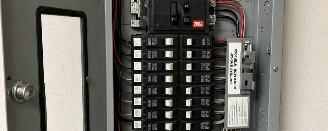 Open 200-amp residential electrical panel with labeled main breaker