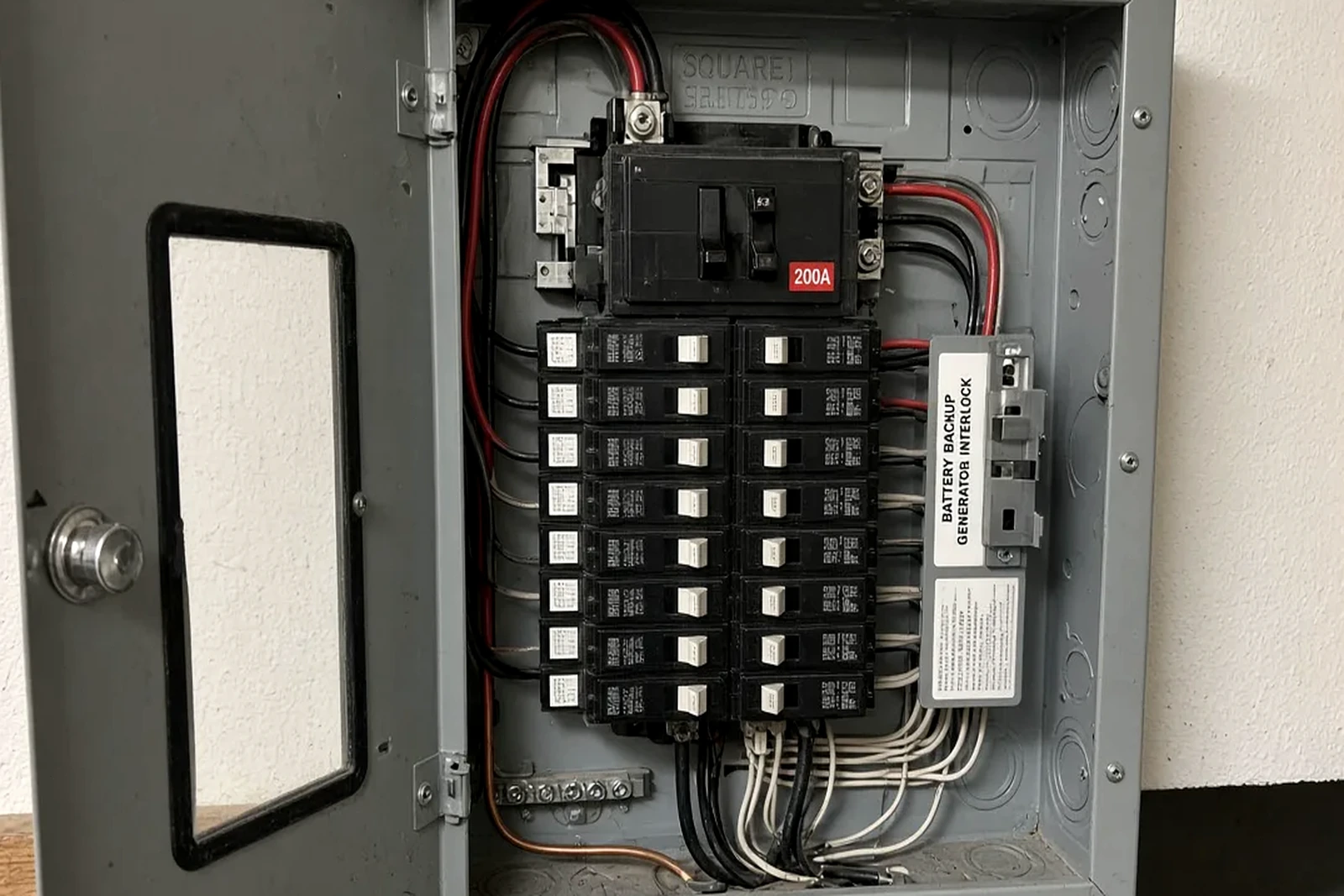 Open 200-amp residential electrical panel with labeled main breaker