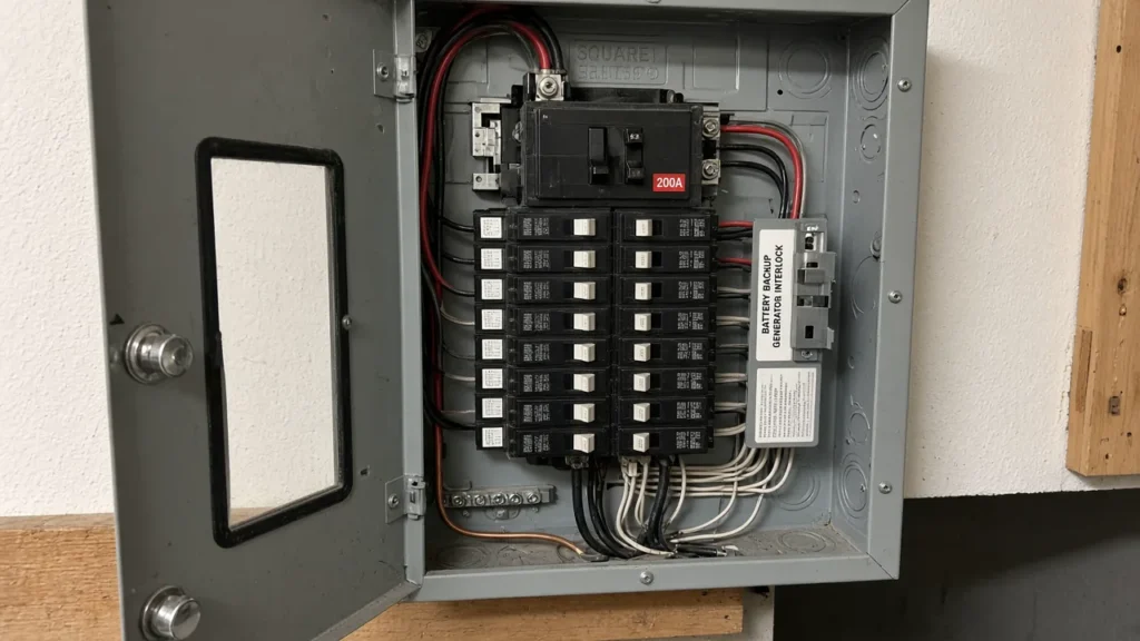 Open 200-amp residential panel with battery backup interlock