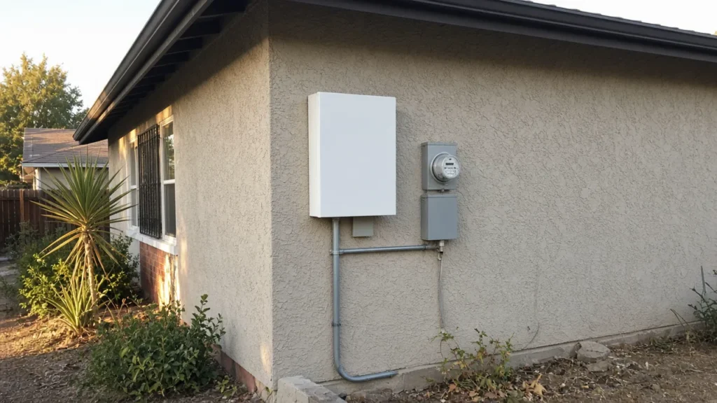 Wall-mounted home battery next to the meter on a Citrus Heights ranch house
