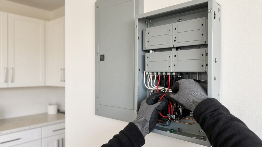 Electrician wiring a backup power subpanel beside the main panel