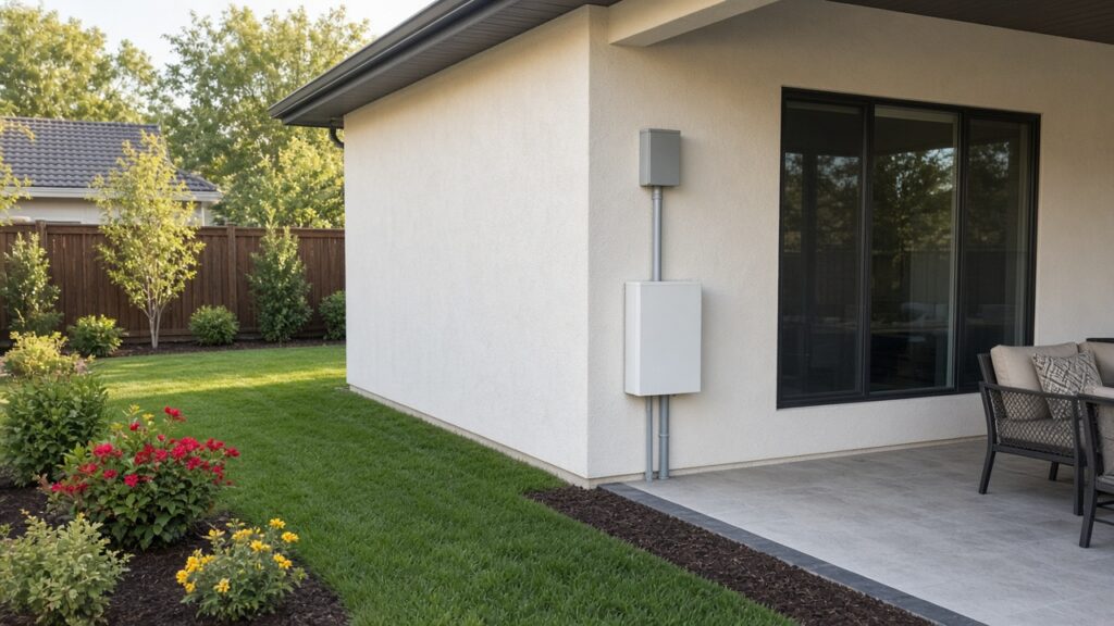 Home battery and gateway mounted on the back wall of a well-kept stucco home
