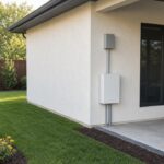 Home battery and gateway mounted on the back wall of a well-kept stucco home