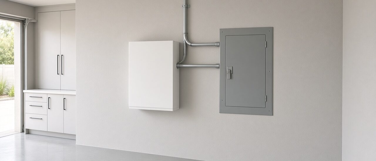 Wall-mounted home battery next to the main electrical panel in a Sacramento-area garage