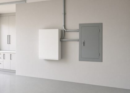 Wall-mounted home battery next to the main electrical panel in a Sacramento-area garage
