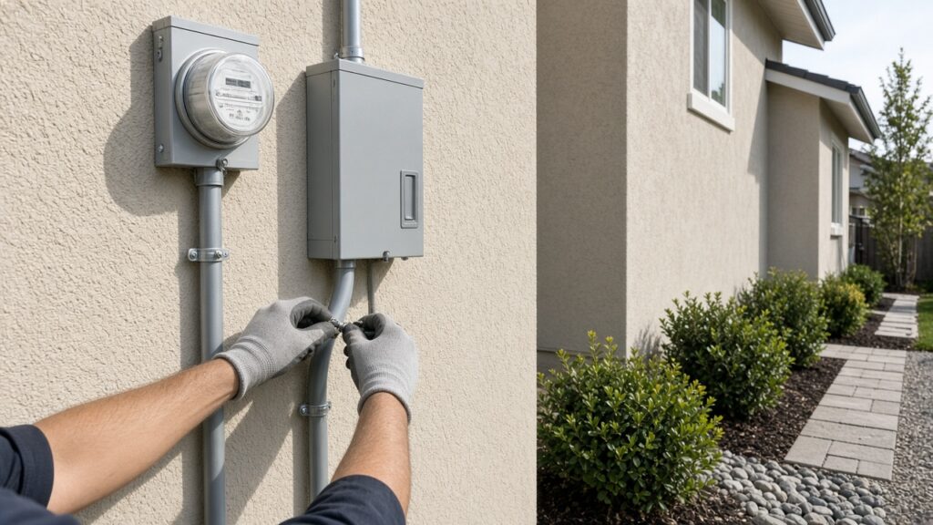 Electrician tightening conduit at a battery disconnect beside the electric meter