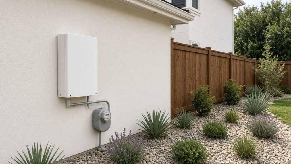 Home battery mounted on an exterior stucco wall with conduit to the meter