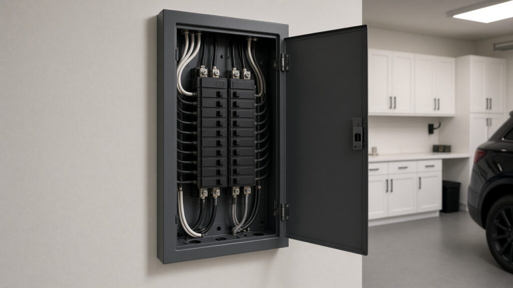 Open residential breaker panel with neatly dressed wiring in a clean garage
