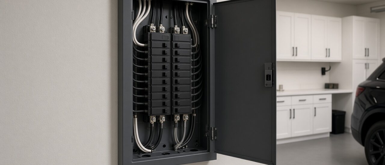 Open residential breaker panel with neatly dressed wiring in a clean garage