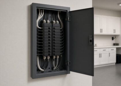 Open residential breaker panel with neatly dressed wiring in a clean garage