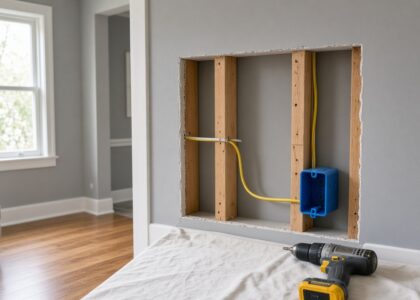 Open wall section during a rewire with new cable run through the studs