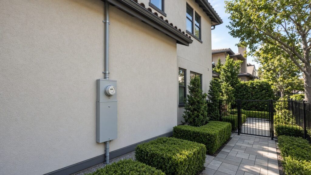 New main service panel and meter on the stucco side wall of a well-kept home